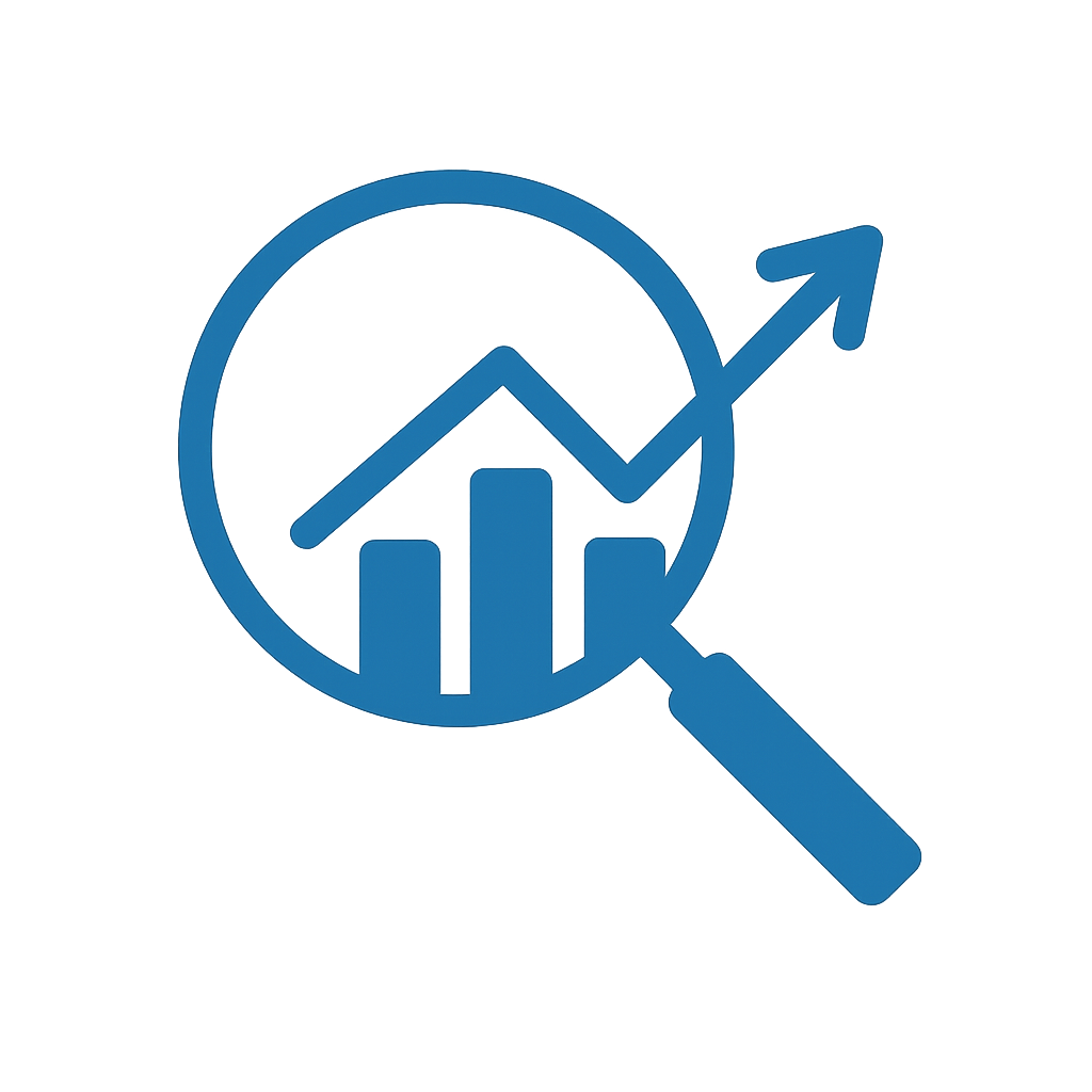 a blue graphic with a magnifying glass and arrow